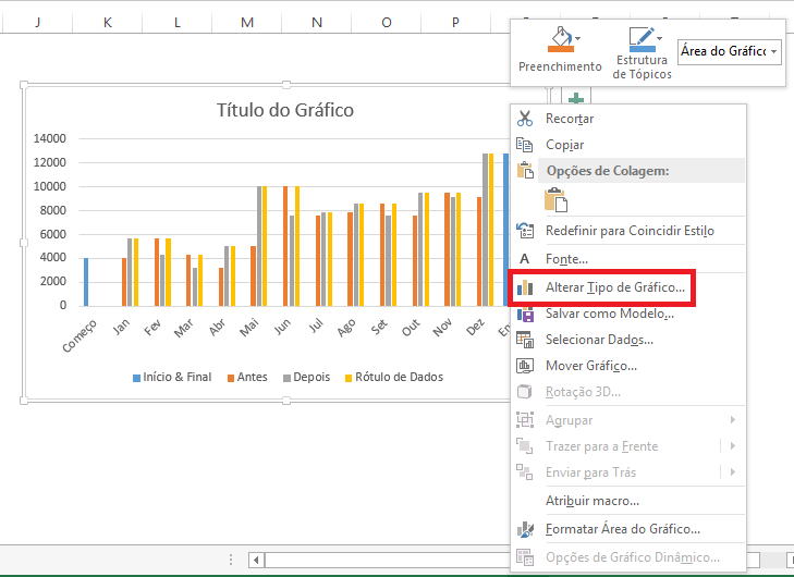 início das alterações do gráfico base do gráfico waterfall