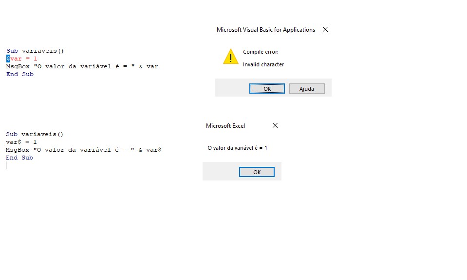 A imagem mostra o que acontece quando se utiliza um carácter especial para nomear uma variável. Alguns caracteres reservados podem ser utilizados para nomear uma variável, porém eles não podem vir no começo do nome da variável.
