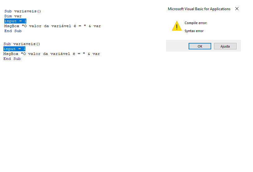 A imagem mostra o que acontece quando se utiliza uma palavra reservada. Na imagem foi utilizado o input.
