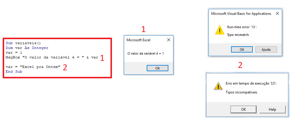 essa imagem mostra o que acontece em um código do VBA quando atribuímos um valor a uma variável, aonde esse valor é diferente do valor que a variável aceita