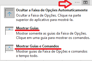 Imagem com as opções após clicar o botão "Opções de Exibição da Faixa de Opções"