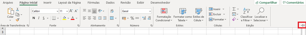localização do ícone que parece um pino de papel e é o responsável for fixar a faixa de opções