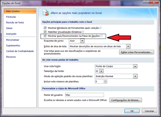 tela para habilitar a guia Desenvolvedor no Excel 2007