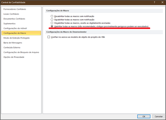 tela para habilitar a guia desenvolvedor no excel 2010