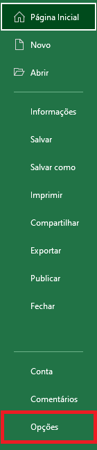 vá em opções no Excel mais atualizado
