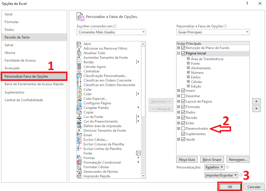 habilitar a guia desenvolvedor nas versões mais atualizadas do Excel