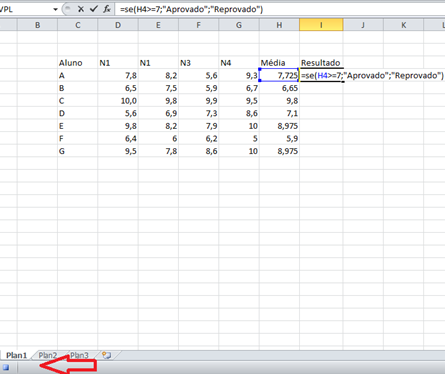 inserir a função SE para definir se o aluno foi aprovado ou reprovado