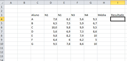 Tabela no Excel com notas dos alunos