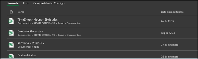 introdução excel parte da tela inicial que mostra os arquivos utilizados recentemente