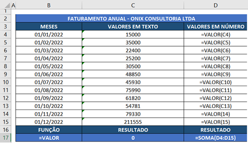 inserir a função VALOR do Excel na tabela